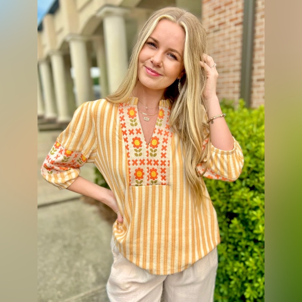 Golden Stripe Floral Knit Top